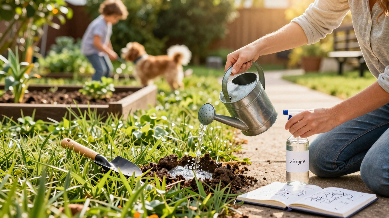 Pessoa regando plantas em horta caseira enquanto criança e cachorro aparecem ao fundo em jardim.