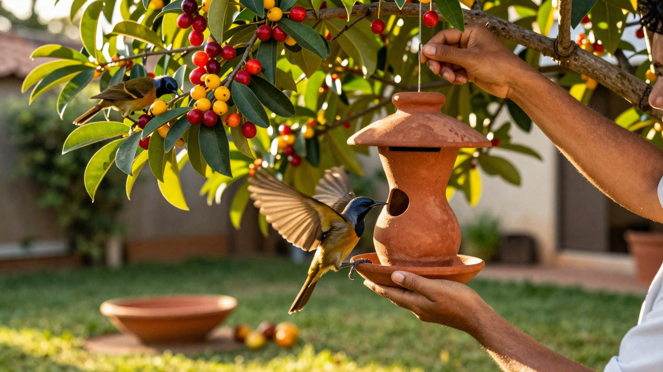 Pessoa alimenta beija-flor em comedouro de barro pendurado em árvore com frutos vermelhos e amarelos.