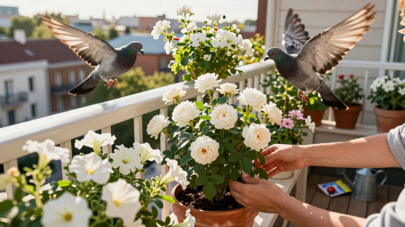 Mãos cuidando de rosas brancas em vaso no varal com dois pombos voando ao redor.