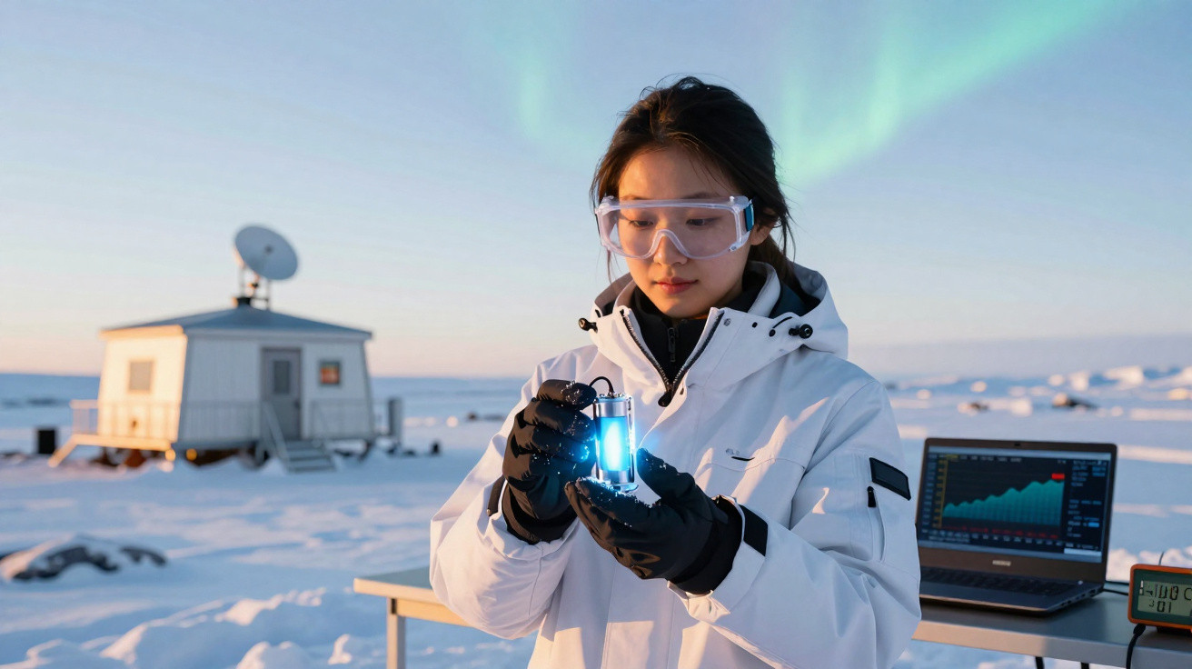 Mulher cientista em roupa de frio segurando amostra luminosa em estação de pesquisa na neve.