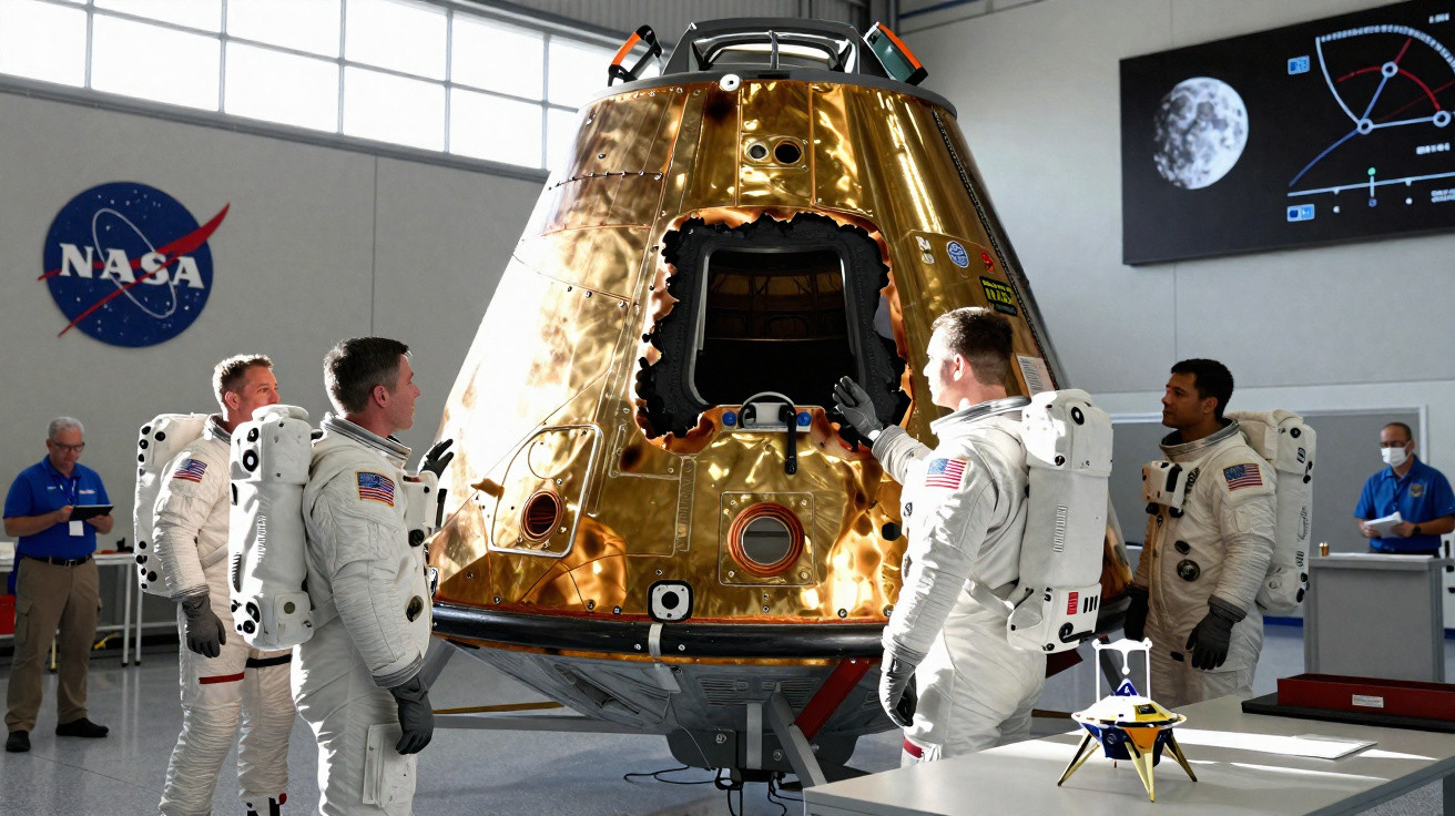 Astronautas da NASA em trajes espaciais inspecionam módulo lunar dourado em hangar com logotipo da NASA ao fundo.