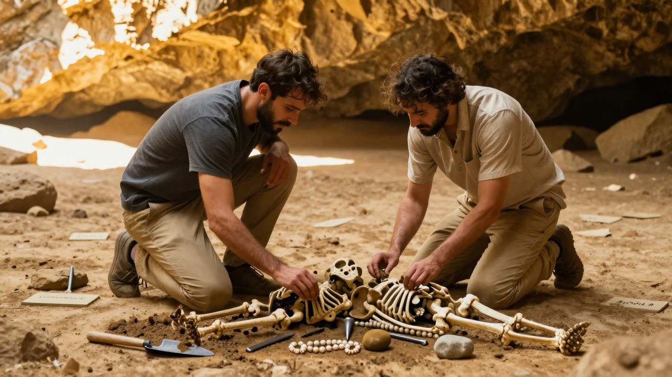 Dois arqueólogos examinando ossos de esqueletos humanos em uma caverna.