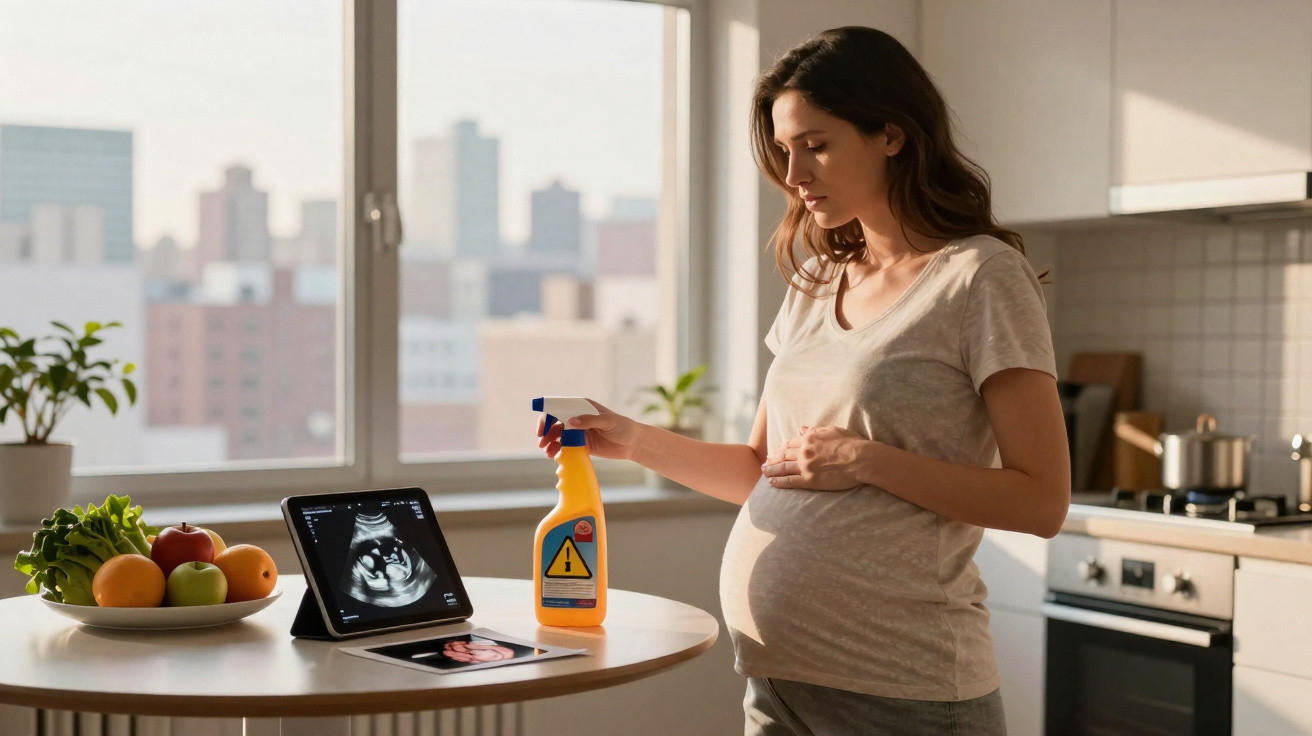 Mulher grávida em cozinha segurando produto de limpeza, com ultrassom do bebê em tablet na mesa.