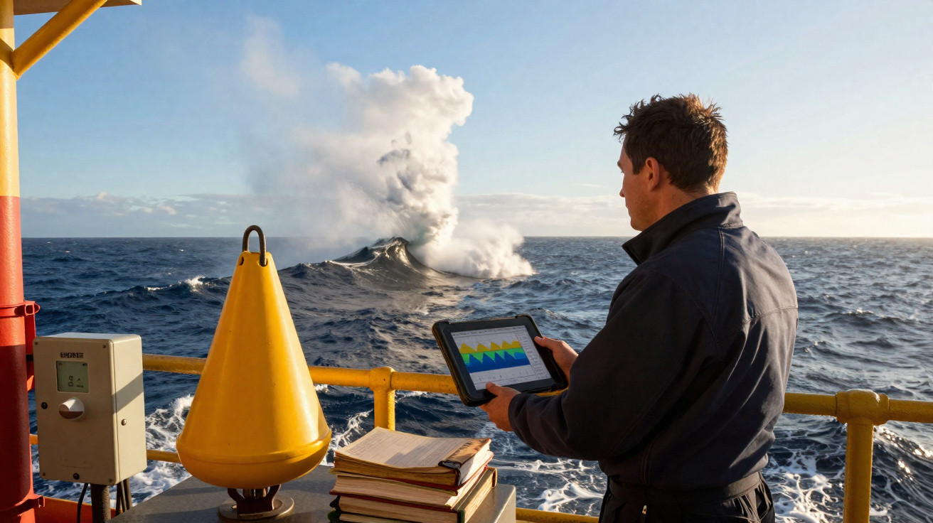 Homem observa erupção vulcânica em ilha oceânica com tablet em mãos, navio ao fundo no mar aberto.