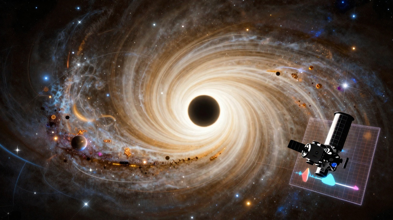 Ilustração de buraco negro com disco de acreção e satélite espacial observando na órbita próxima.