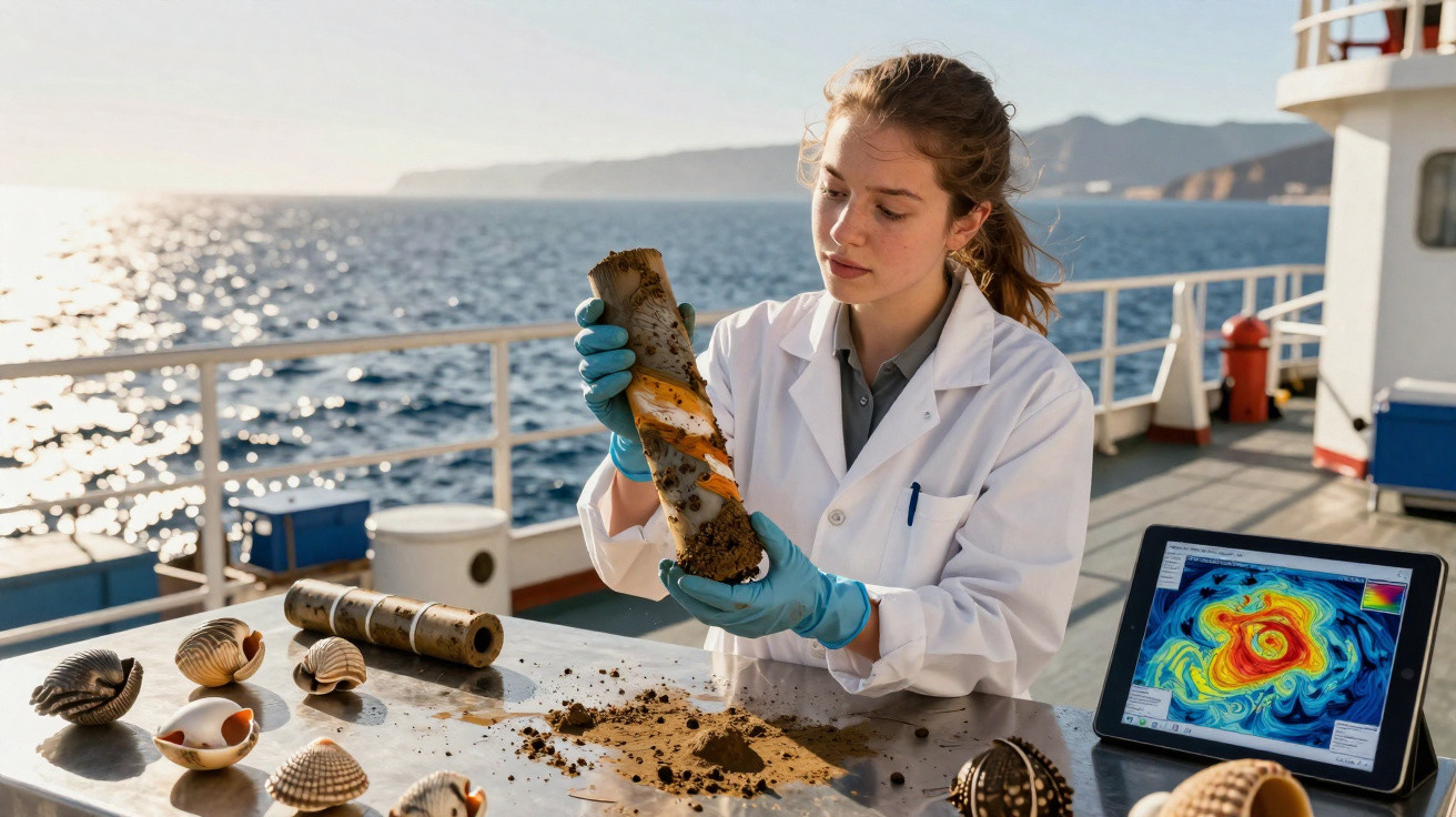Jovem cientista analisa amostra de sedimentos marinhos em laboratório flutuante com tablet e conchas ao redor.
