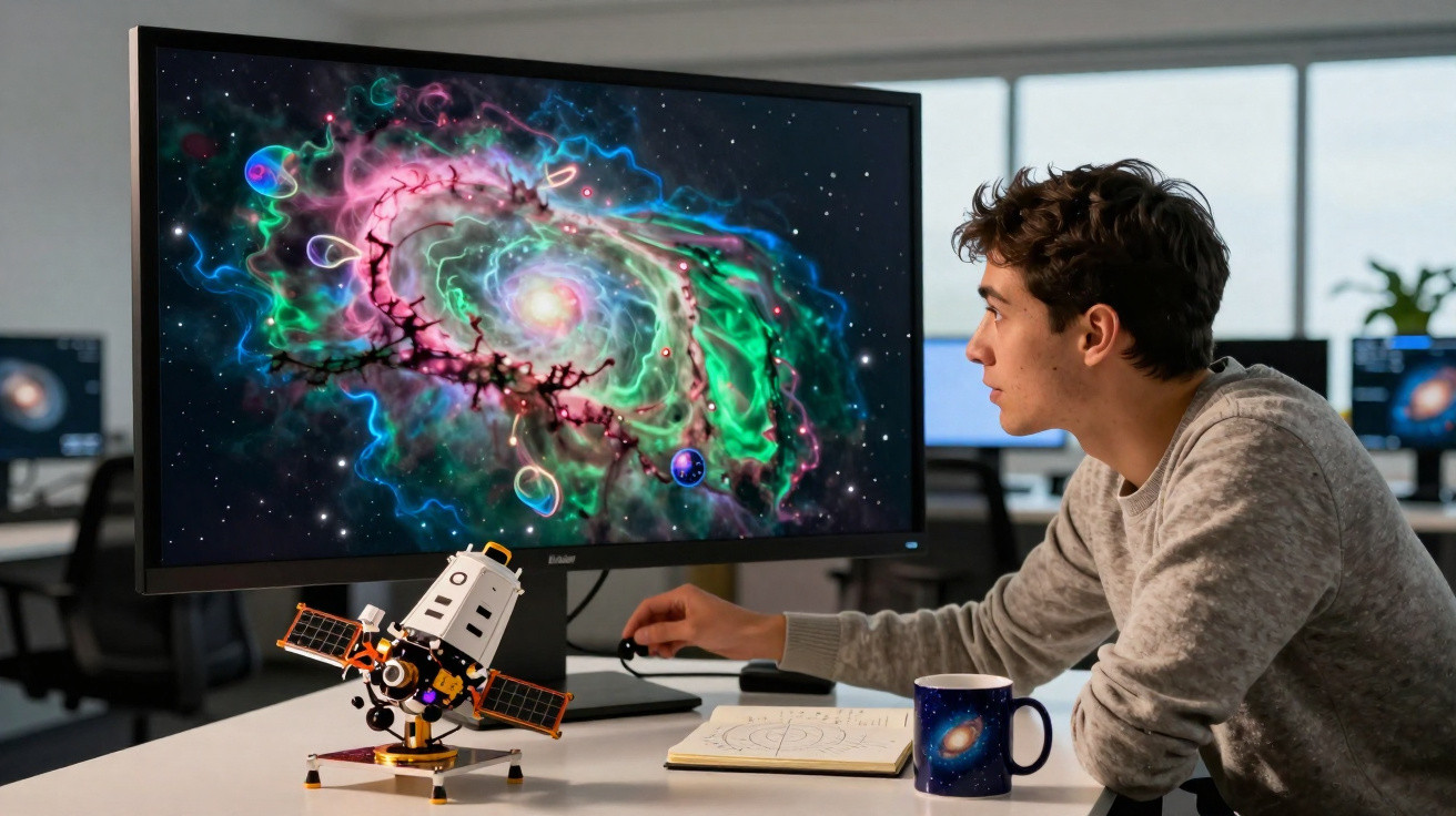 Jovem observa imagem colorida de galáxia no computador em ambiente de escritório moderno.