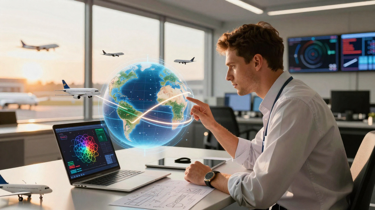 Homem em escritório operando holograma de globo terrestre com aviões em fundo de aeroporto ao pôr do sol.