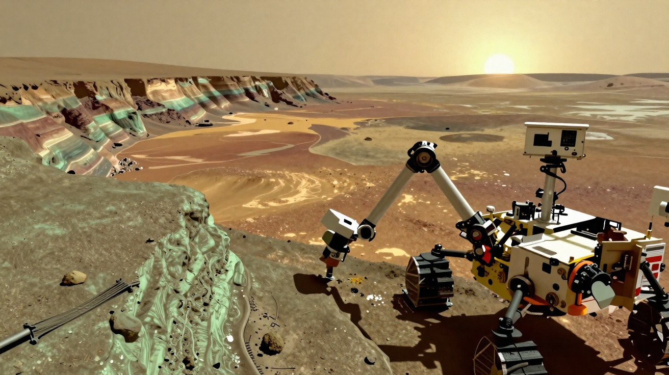 Rover explorando terreno arenoso e acidentado em paisagem marciana ao pôr do sol.