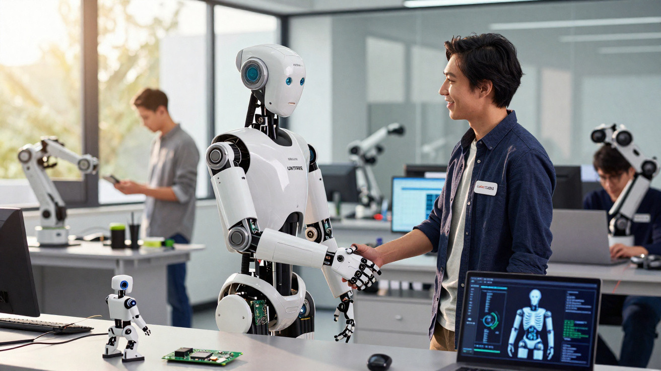 Homem apertando a mão de um robô humanoide em laboratório tecnológico moderno.