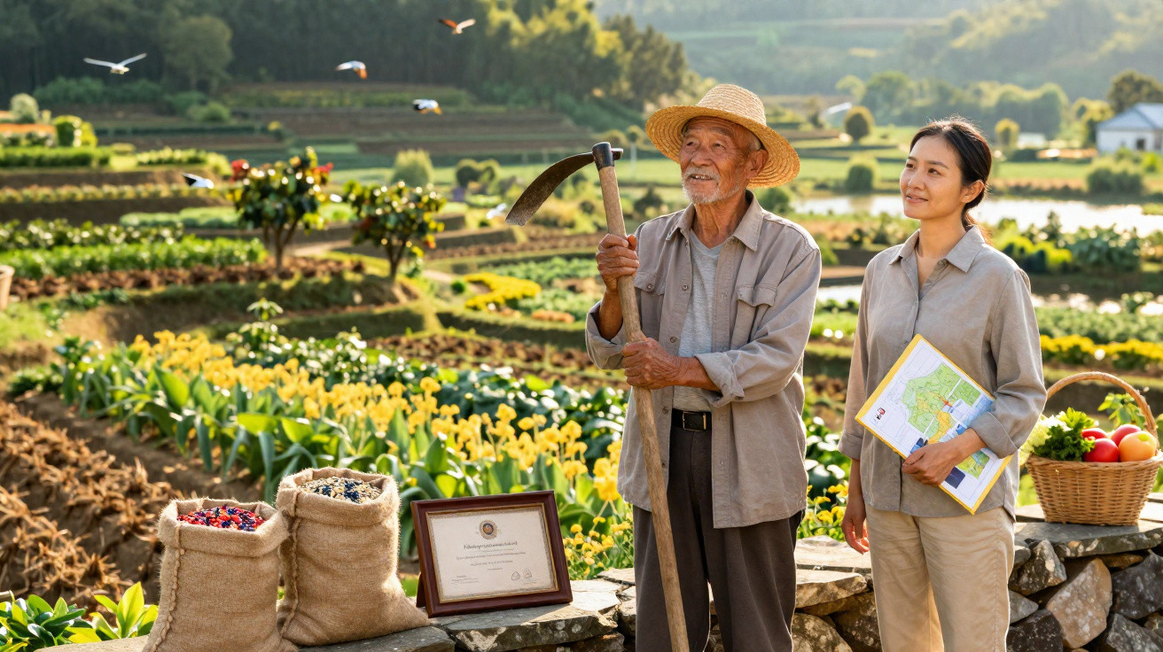 Homem idoso com foice e mulher jovem com mapa em plantação de flores e hortaliças ao ar livre.
