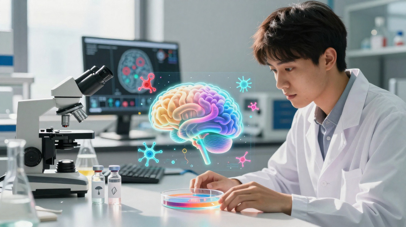 Cientista em laboratório analisando cultura em placa de Petri com ilustração digital de cérebro holográfico.