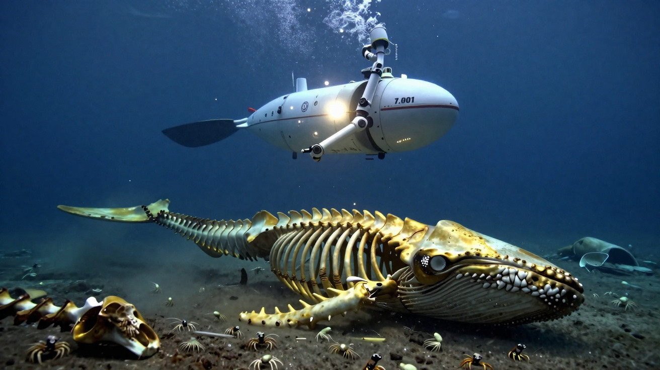 Submarino explorando esqueleto gigante de baleia no fundo do oceano com pequenos animais marinhos ao redor.