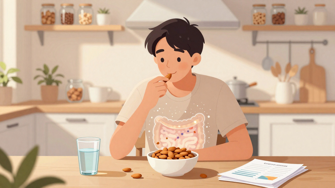 Pessoa com camiseta mostrando intestino comendo amêndoas em cozinha, ao lado copo d'água e documentos.