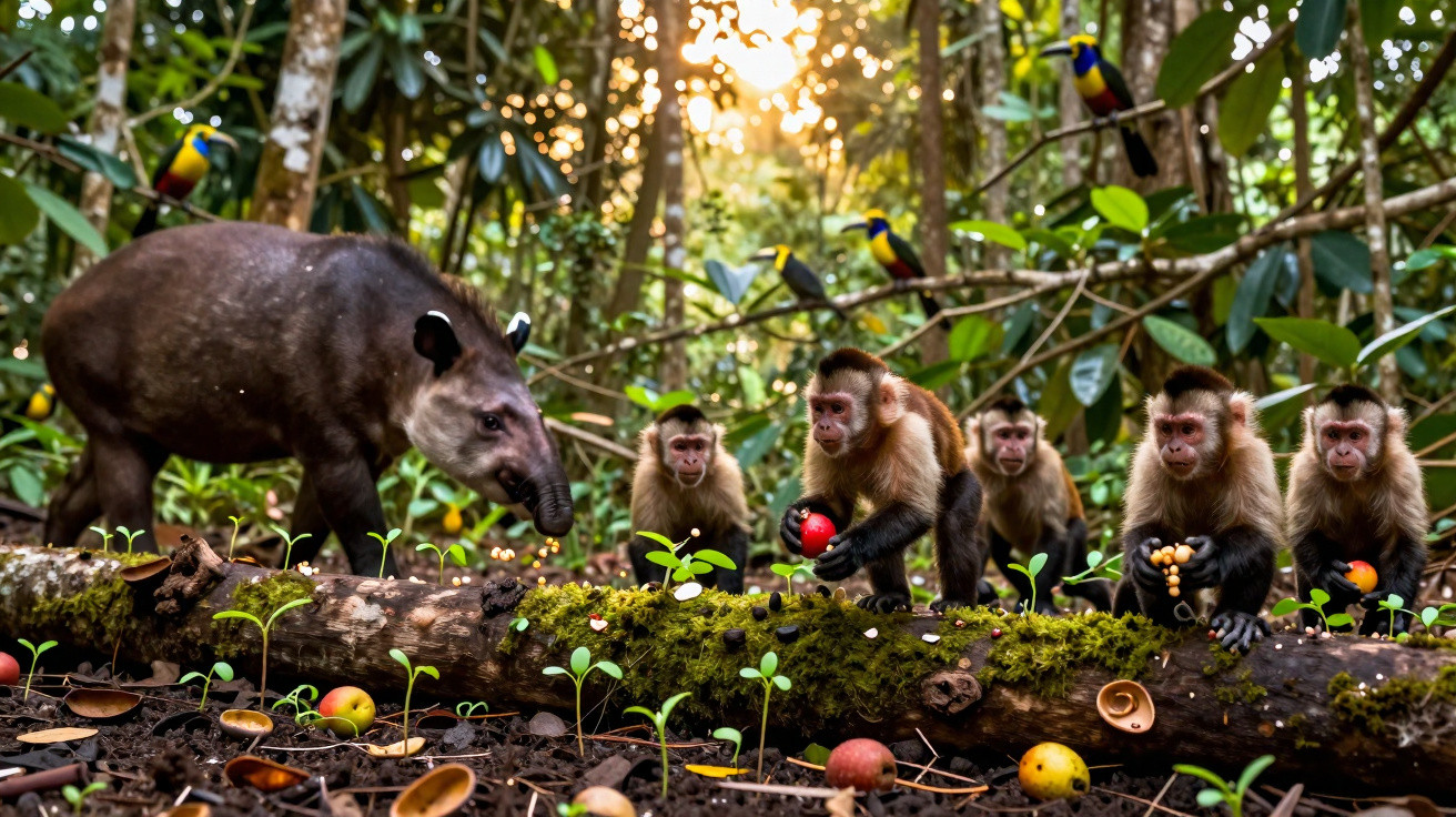 Tapires e macacos-prego em floresta observando frutas no chão com aves coloridas ao fundo.