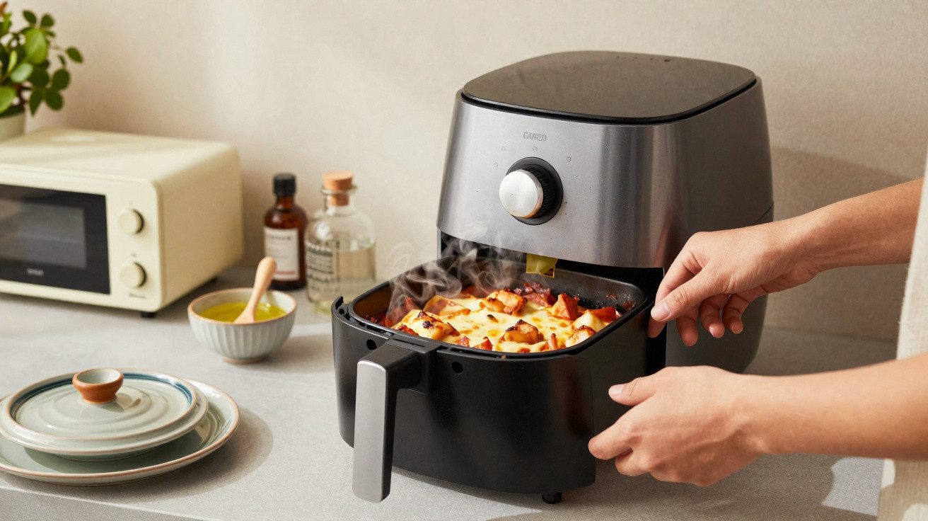 Pessoa retirando uma comida quente e fumegante de uma air fryer preta na cozinha.