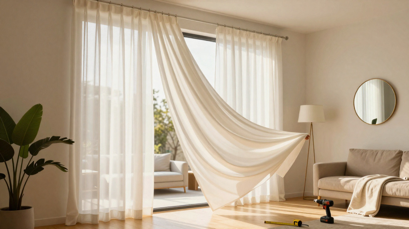 Sala de estar clara com cortinas brancas esvoaçantes, sofá, planta, espelho redondo e ferramentas no chão.
