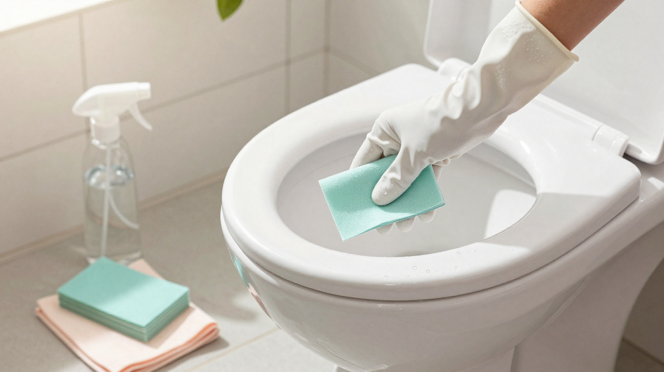 Mão com luva branca limpando vaso sanitário branco com esponja azul em banheiro claro.