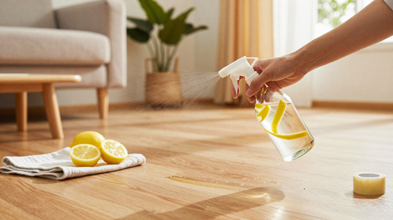 Mão borrifando solução caseira com limão para limpar piso de madeira em sala iluminada.