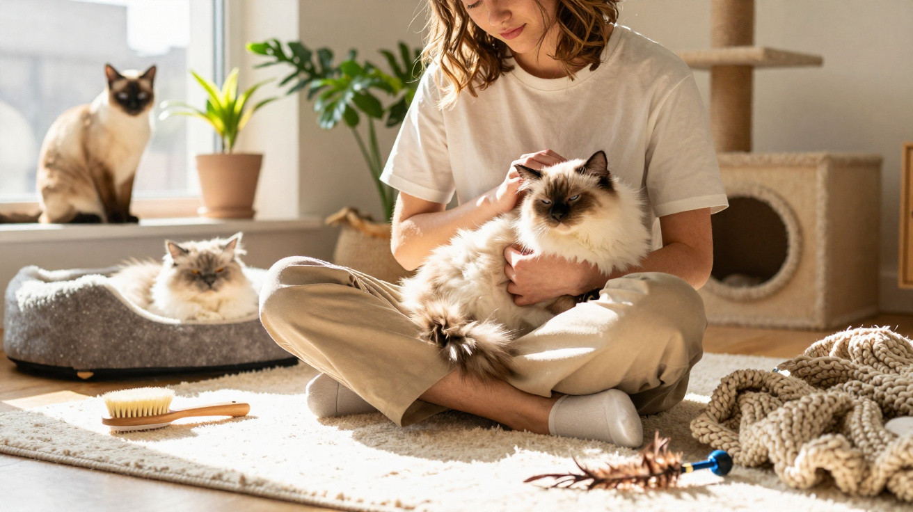 Mulher sentada no chão acariciando gato branco e marrom, com outros dois gatos e brinquedos ao redor.