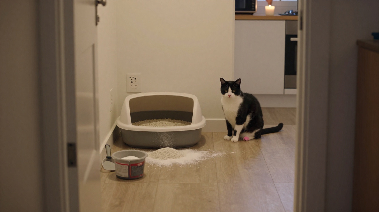 Gato preto e branco sentado perto de caixa de areia com areia espalhada pelo chão em ambiente interno.