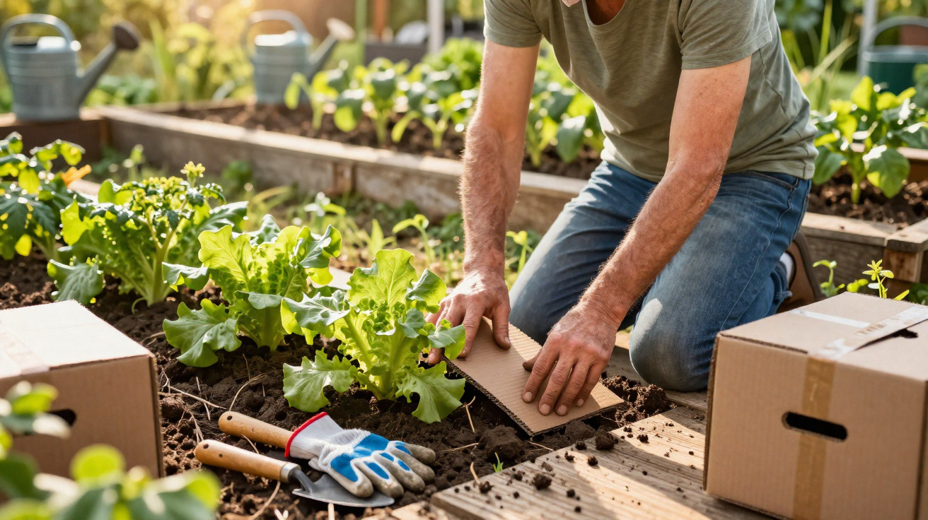 Pessoa plantando alface em canteiro, ao lado de ferramentas de jardinagem e caixas de papelão.