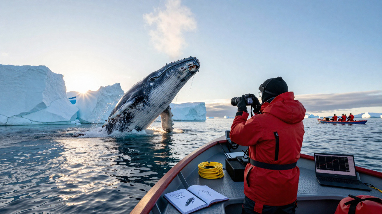 Fotógrafo em barco registra baleia jubarte pulando próximo a icebergues em águas geladas.