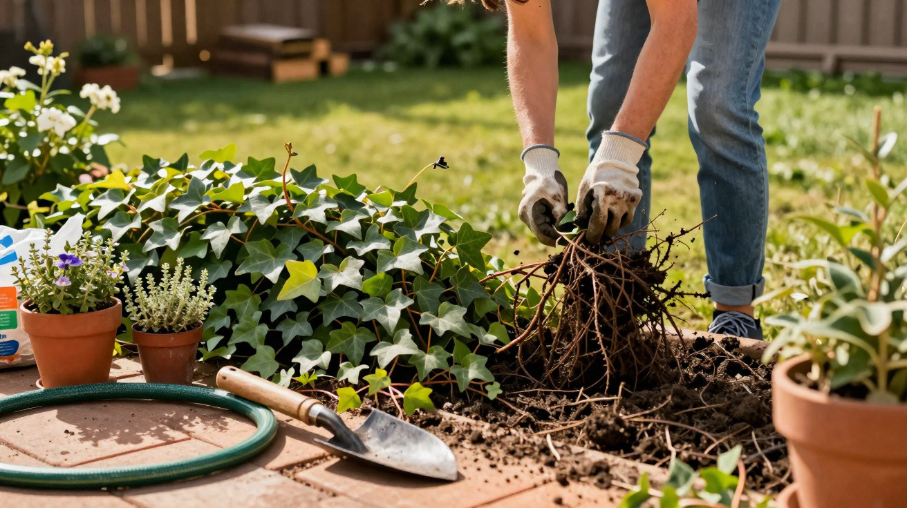 Pessoa com luvas cuidando de plantas em jardim, com ferramentas e vasos de barro ao redor.