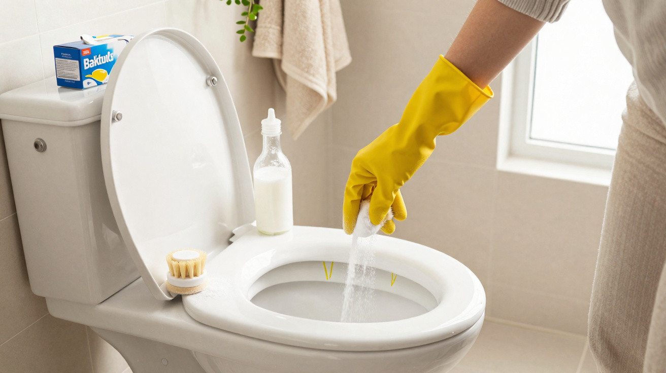 Pessoa com luva amarela espalhando produto de limpeza no vaso sanitário branco em banheiro claro.