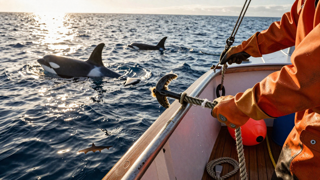 Pessoa com roupa laranja no barco segurando âncora, com orcas e tubarão no mar ao pôr do sol.