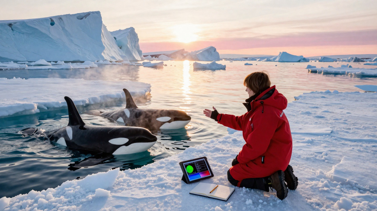 Pesquisador em roupa vermelha interage com duas orcas perto de icebergs ao pôr do sol no Ártico.