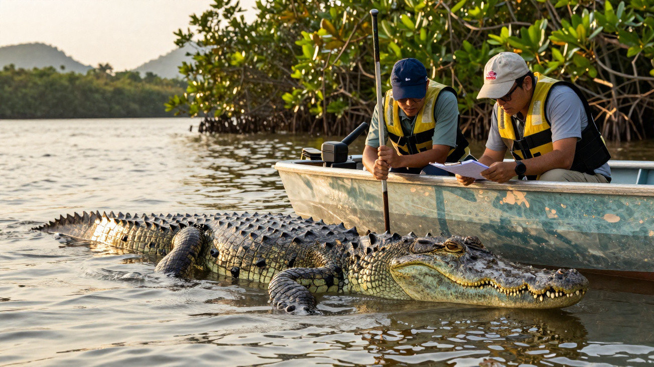 Dois pesquisadores em barco próximo a um grande crocodilo na água, cercado por vegetação de mangue.