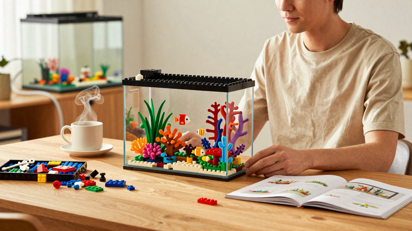 Pessoa montando aquário de LEGO colorido em mesa com livro aberto e xícara de café fumegante ao lado.