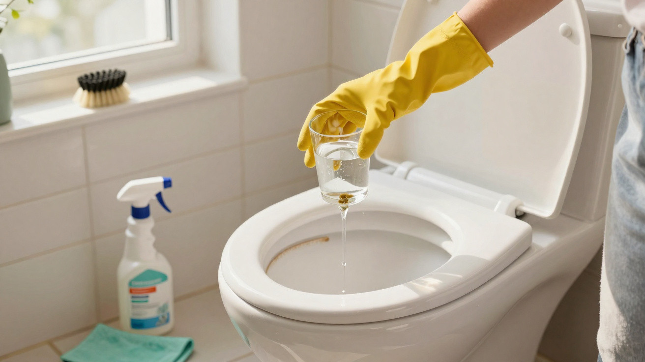 Pessoa com luva amarela limpando vaso sanitário branco com copo de vidro em banheiro iluminado.
