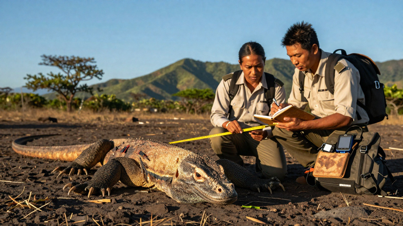 Dois pesquisadores medem e registram dados de um dragão de komodo no solo seco com montanhas ao fundo.