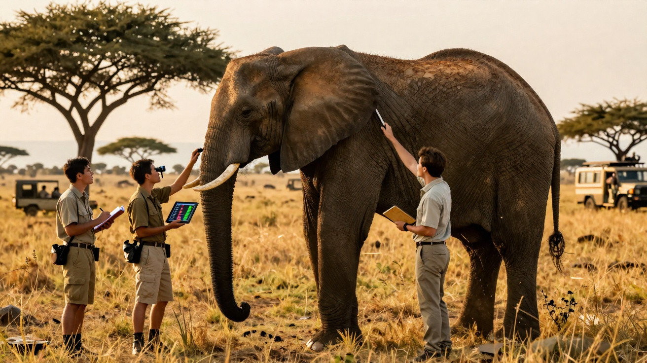 Três pesquisadores analisam um elefante na savana, com carros de safári ao fundo e árvores espalhadas.