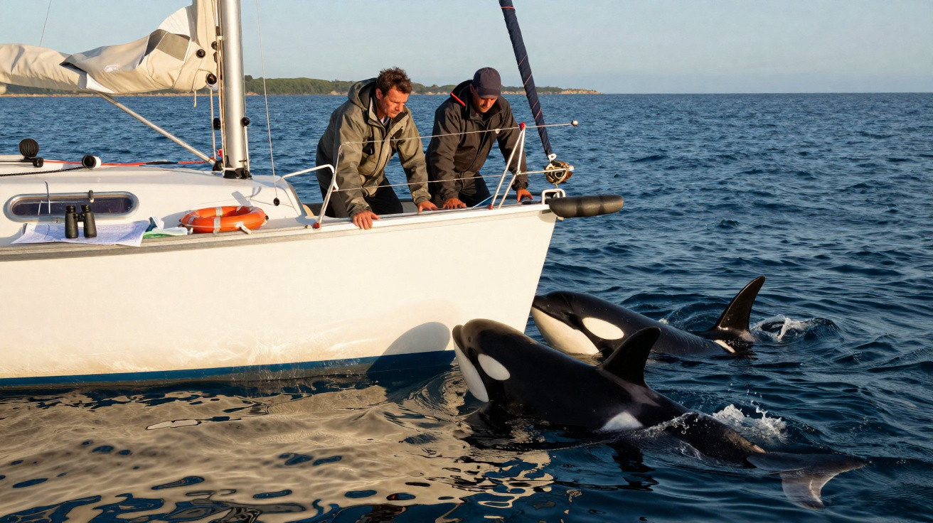 Dois homens observam orcas nadando ao lado de um veleiro branco em mar calmo ao entardecer.