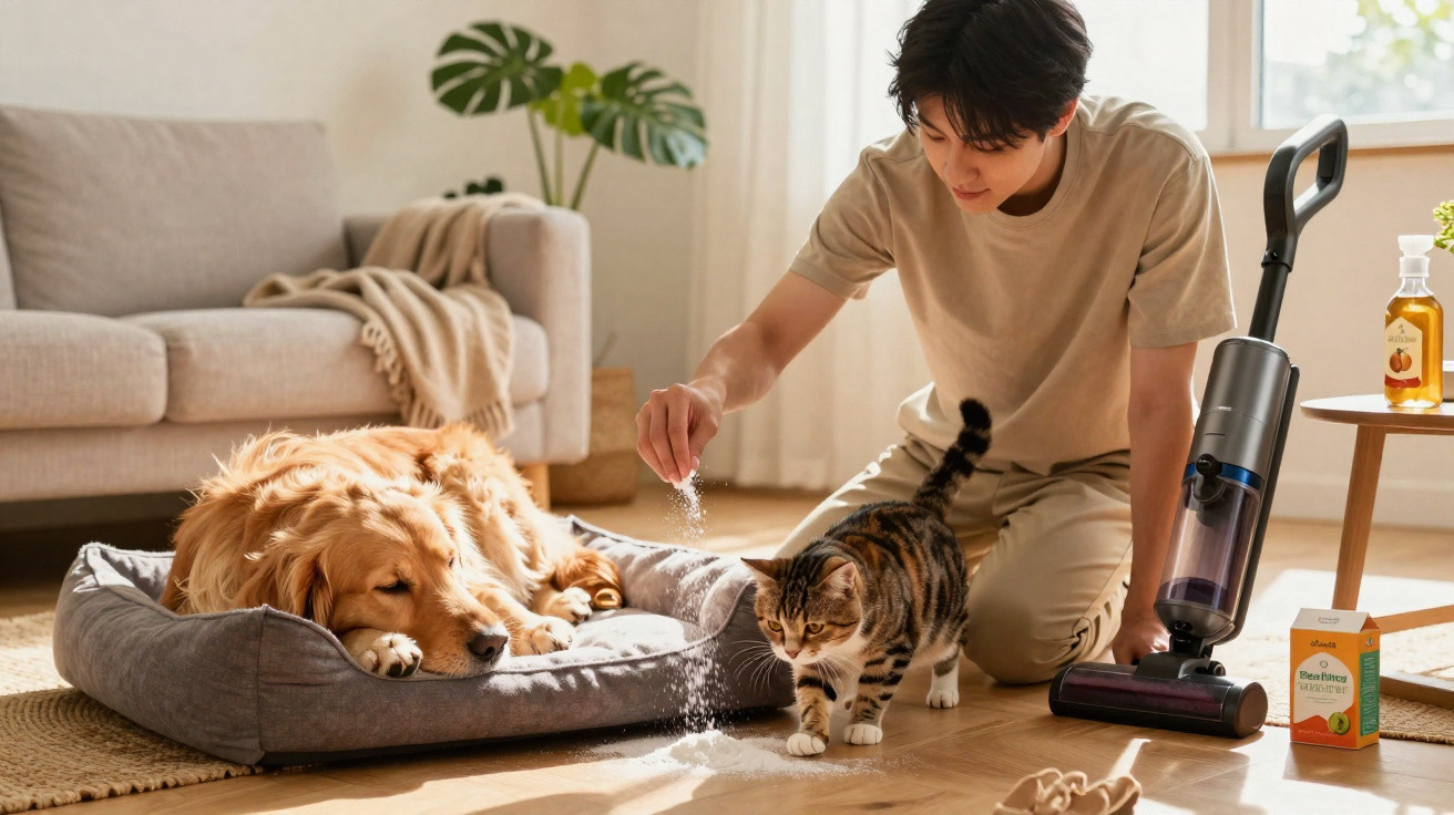 Homem alimenta gato com petisco no chão enquanto cão dorme em cama, aspirador e sofá ao fundo.