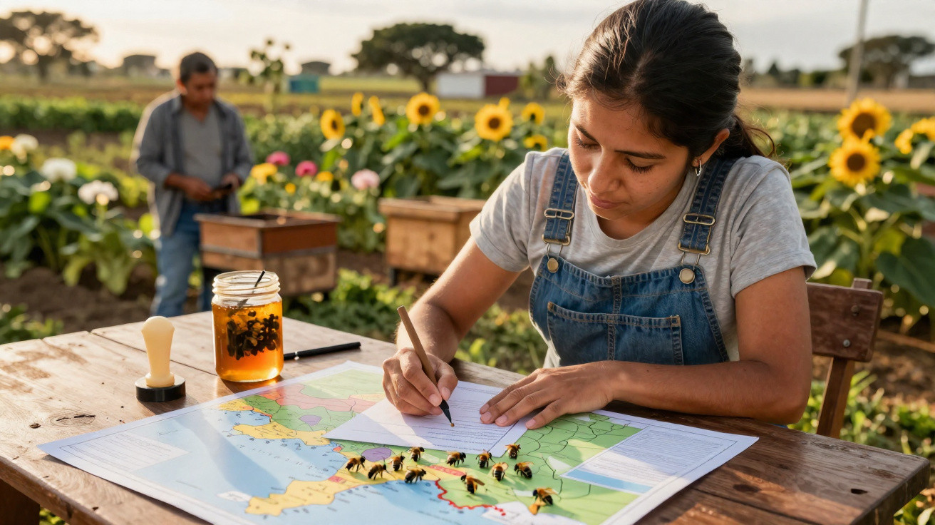 Mulher escrevendo em papel sobre mesa com mapa e abelhas, em campo de girassóis ao pôr do sol.