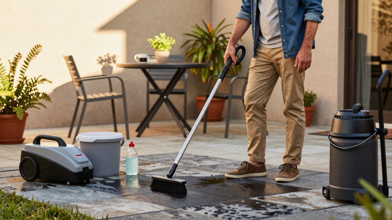 Pessoa limpando piso externo com escova, ao lado de balde, garrafa, aspirador e plantas.