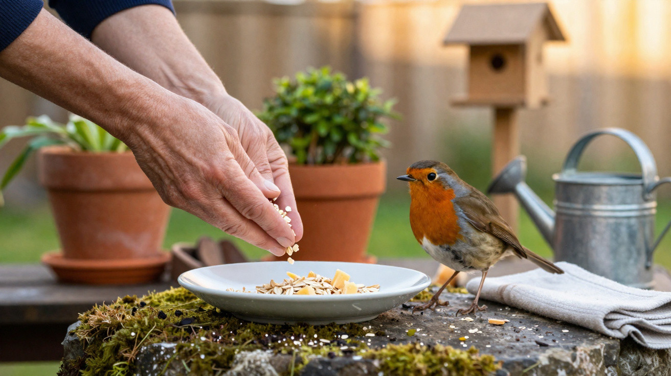 Mãos depositam comida em prato branco enquanto um pássaro com peito laranja observa sobre mesa com musgo.
