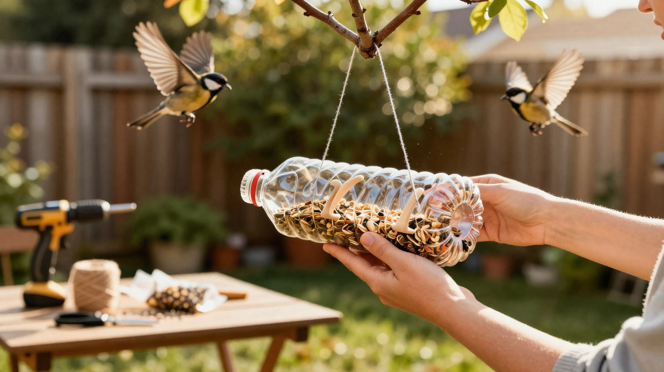 Pássaros se aproximam de comedouro feito com garrafa plástica reciclada cheia de sementes pendurada em árvore.