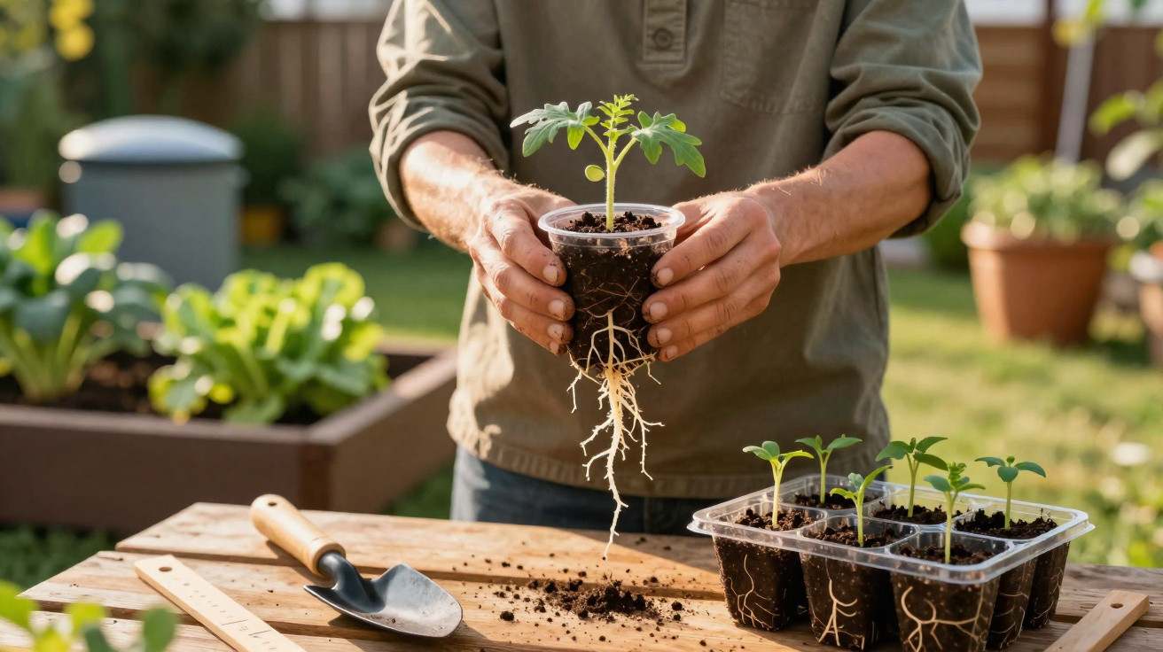 Pessoa segurando muda de planta com raízes expostas em cultivo caseiro ao ar livre, próximo a outras mudas.
