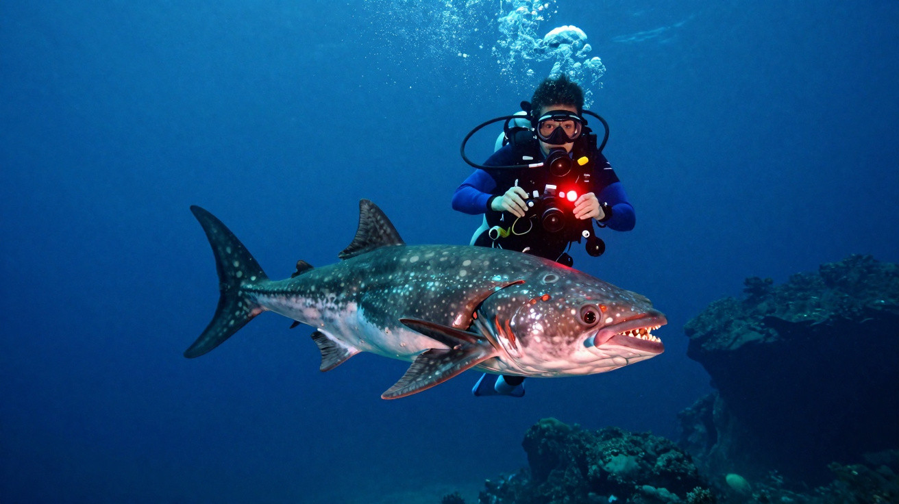 Mergulhador equipado com câmera fotografando tubarão-tigre em águas profundas, com corais ao fundo.
