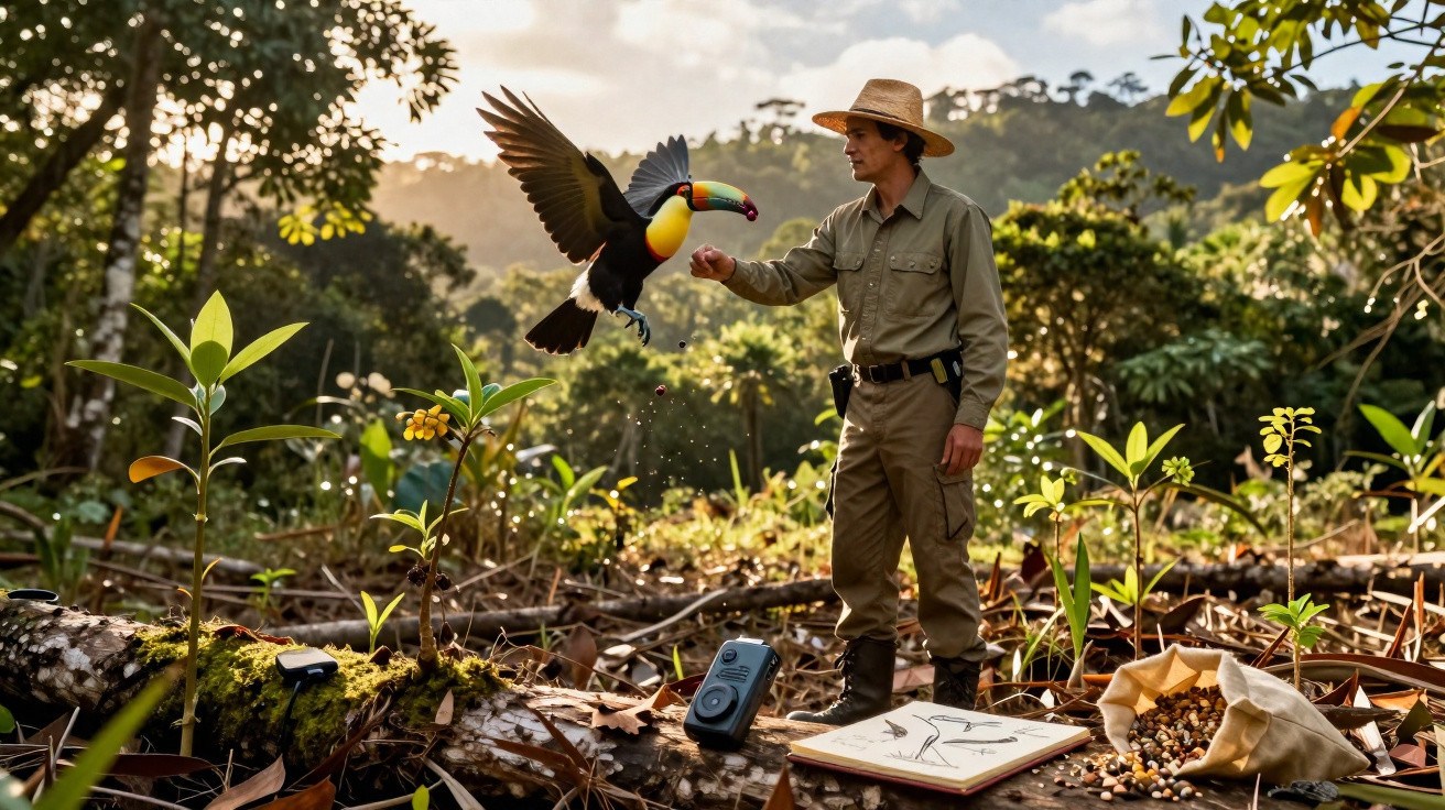 Homem em área de floresta interagindo com tucano em voo ao amanhecer.