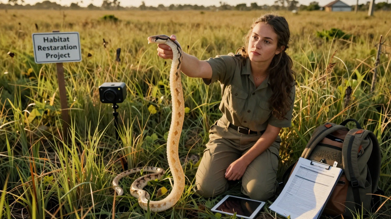 Mulher vestindo roupa de campo segura uma cobra clara em área de restauração de habitat na natureza.