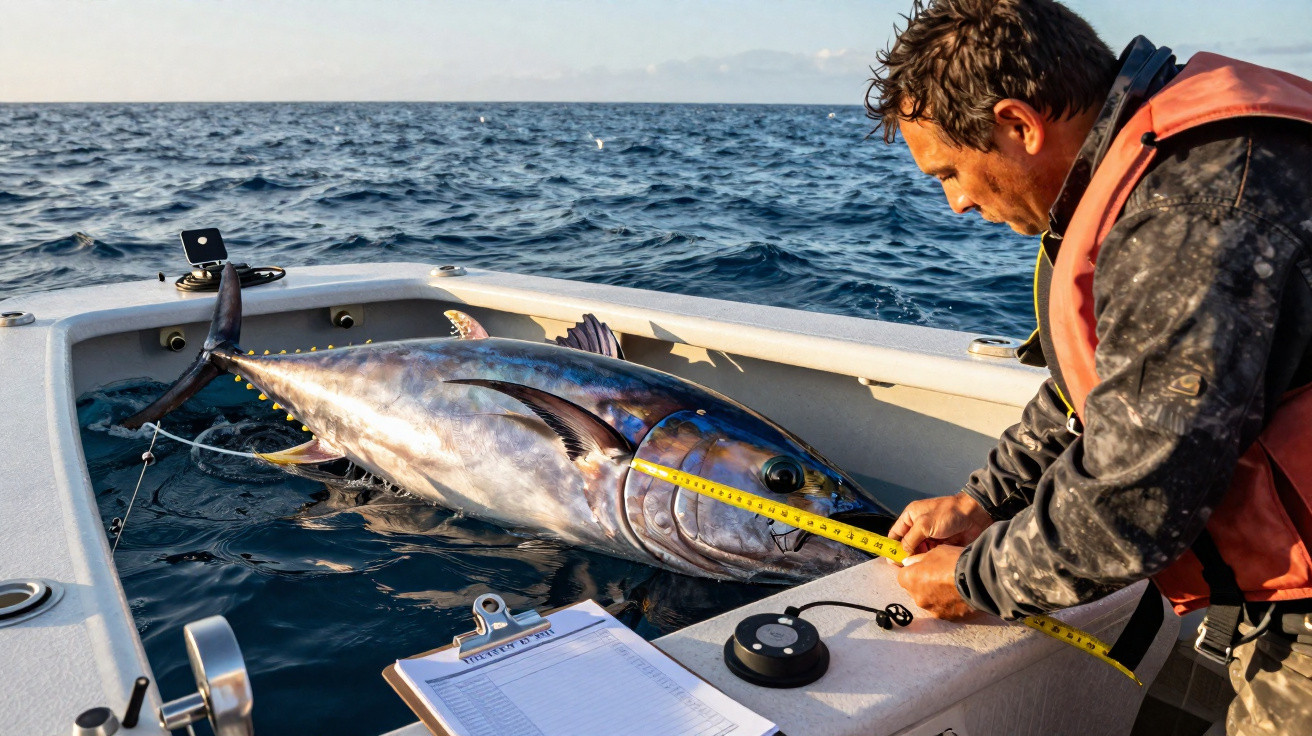 Homem mede atum grande em barco no mar durante pescaria ao amanhecer.