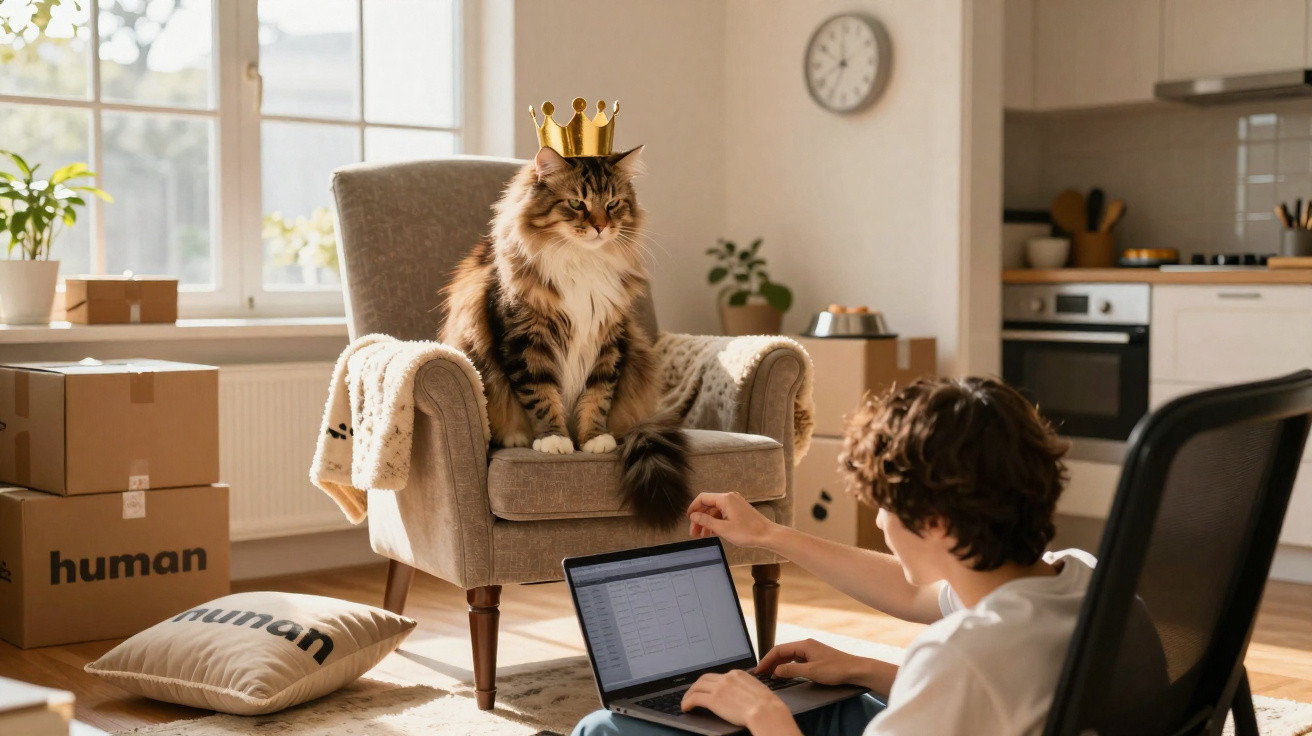 Gato com coroa sentado em poltrona enquanto pessoa usa laptop em sala iluminada.