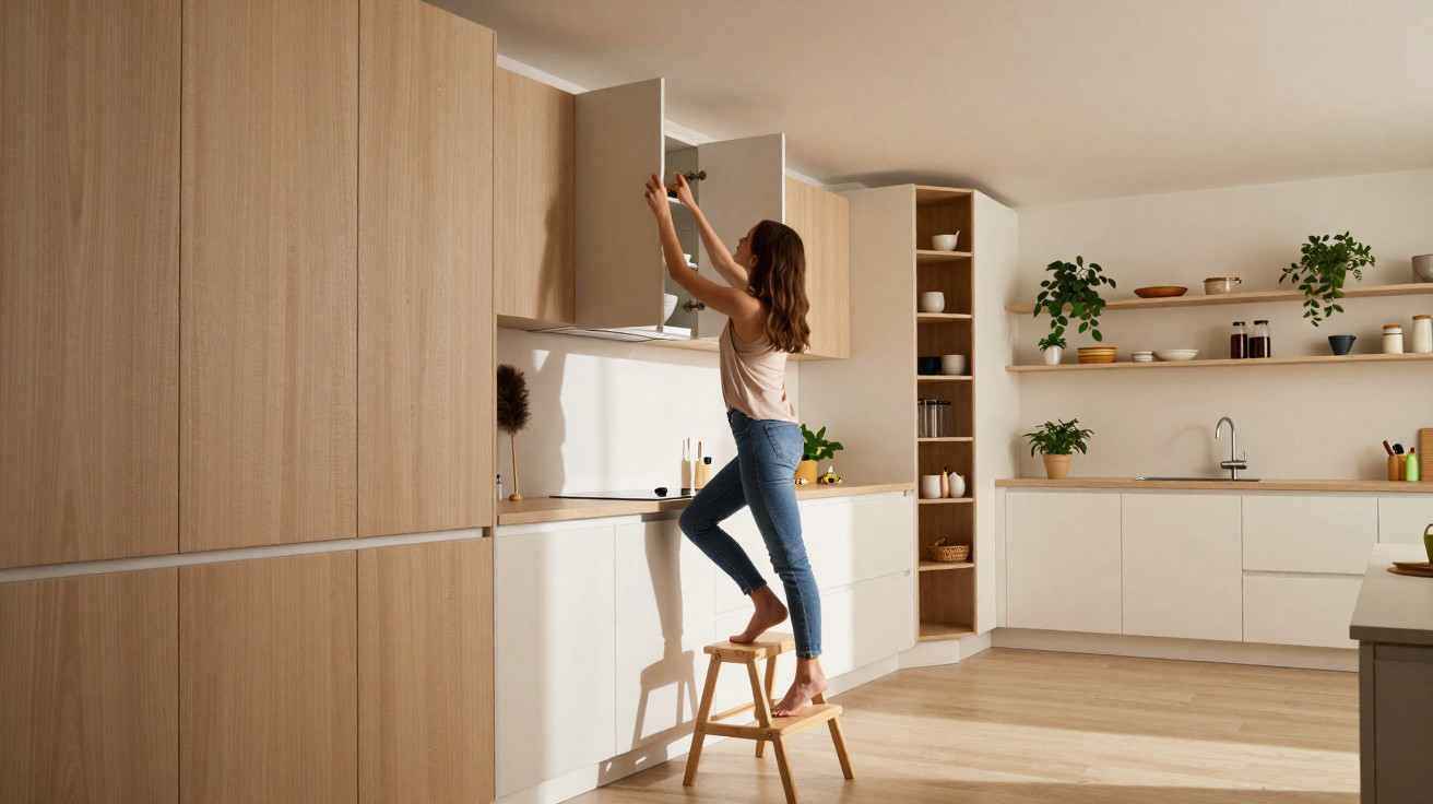 Mulher em cozinha moderna acessando armário alto em escada pequena, com decoração em tons neutros e plantas.
