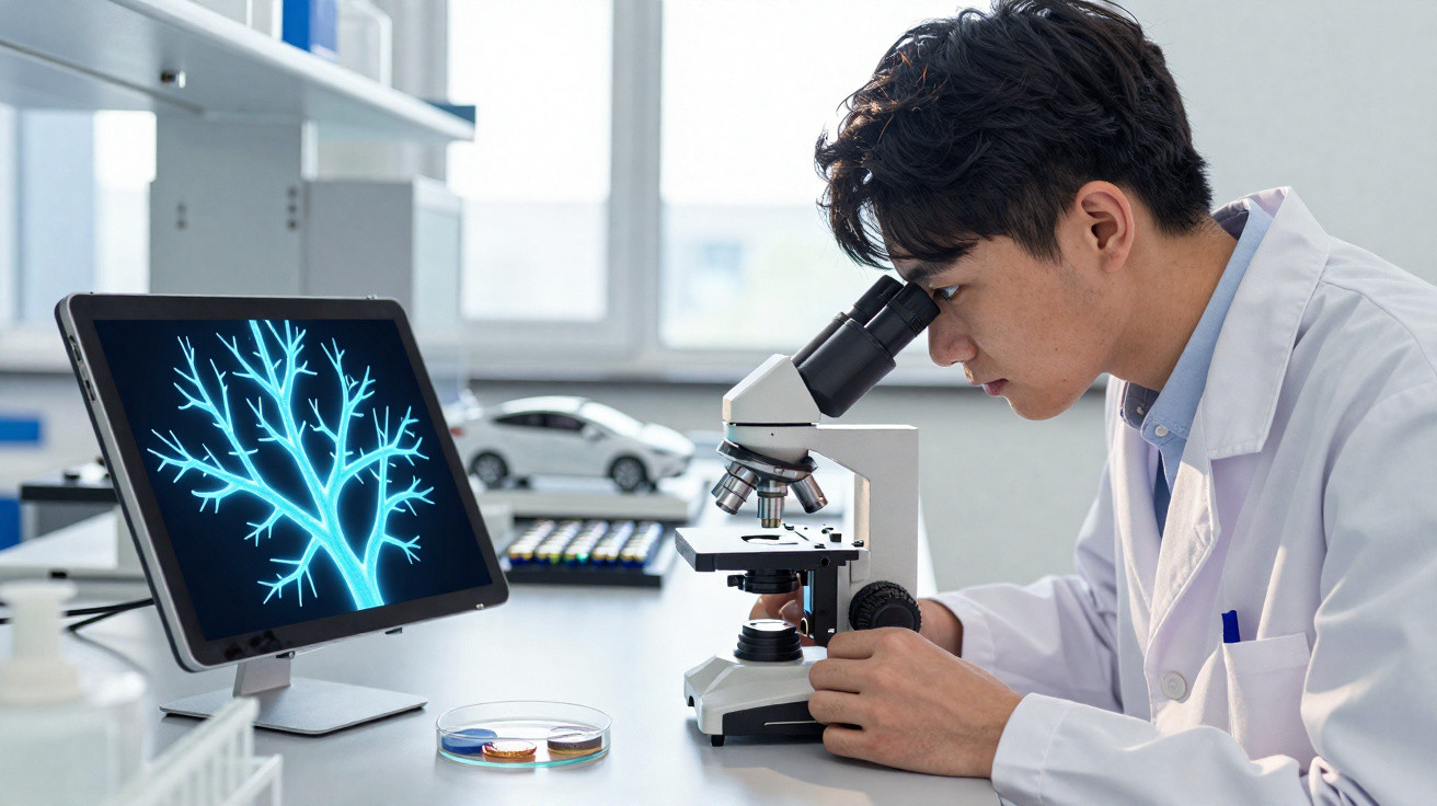 Cientista analisando amostra ao microscópio com imagem de neurônio em tela de computador no laboratório.